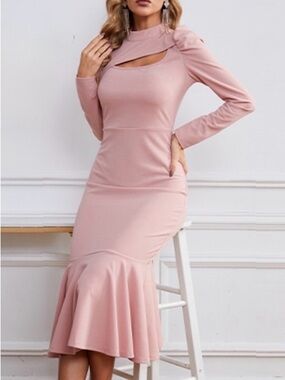 Large 10/12 dusty Pink Long-Sleeve Cutout Mermaid Midi calf Dress form fitting